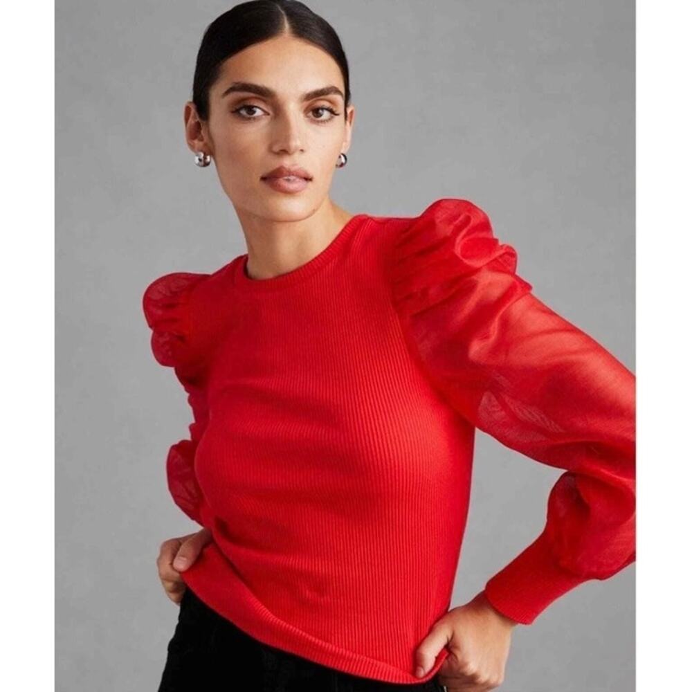 Anthropologie Dolan Red Ribbed Sheer Organza Pleated Puff Sleeve Top M
